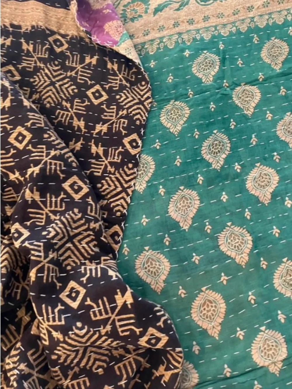 Teal and Purple and Black Quilted Kantha Bedspread